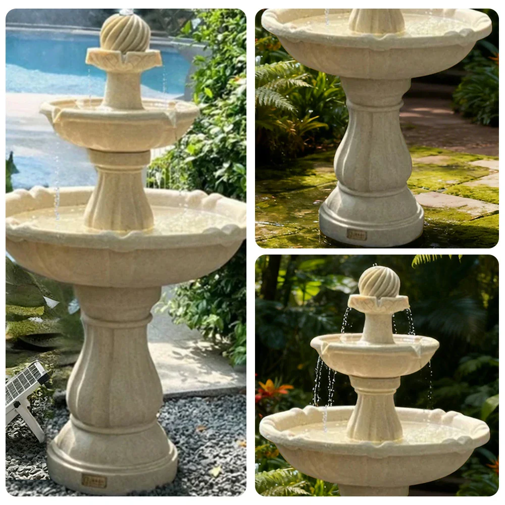 SOLARA Solar-Powered Water Fountain - Resin Fiberglass Sandstone, Waterproof, Durable, Crack-Resistant in Cold Weather - Beige - Image 3