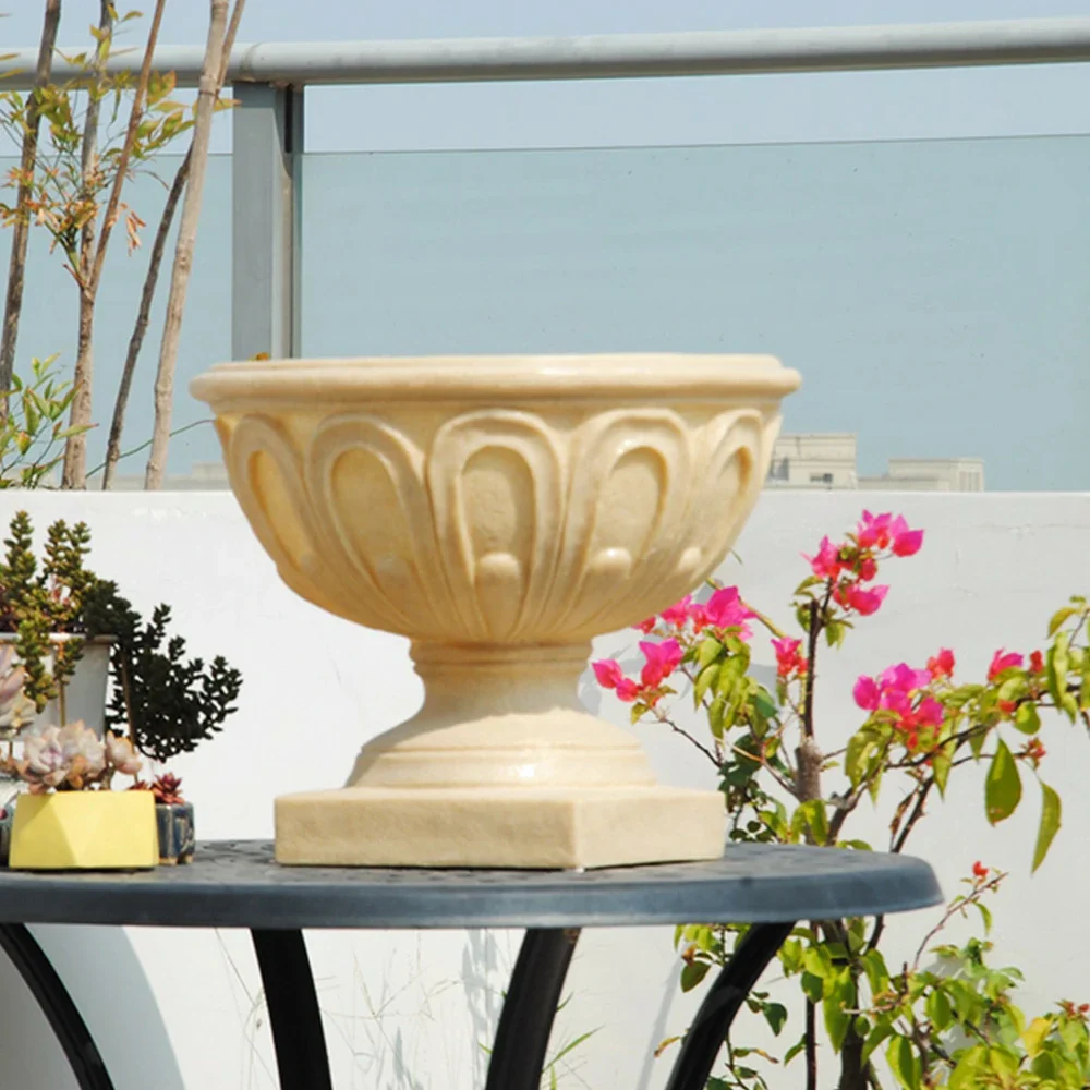 SOLARA Outdoor Pot - Resin Fiberglass Sandstone, UV-Resistant, Waterproof, Durable, Sleek Modern Design - Beige - Image 4
