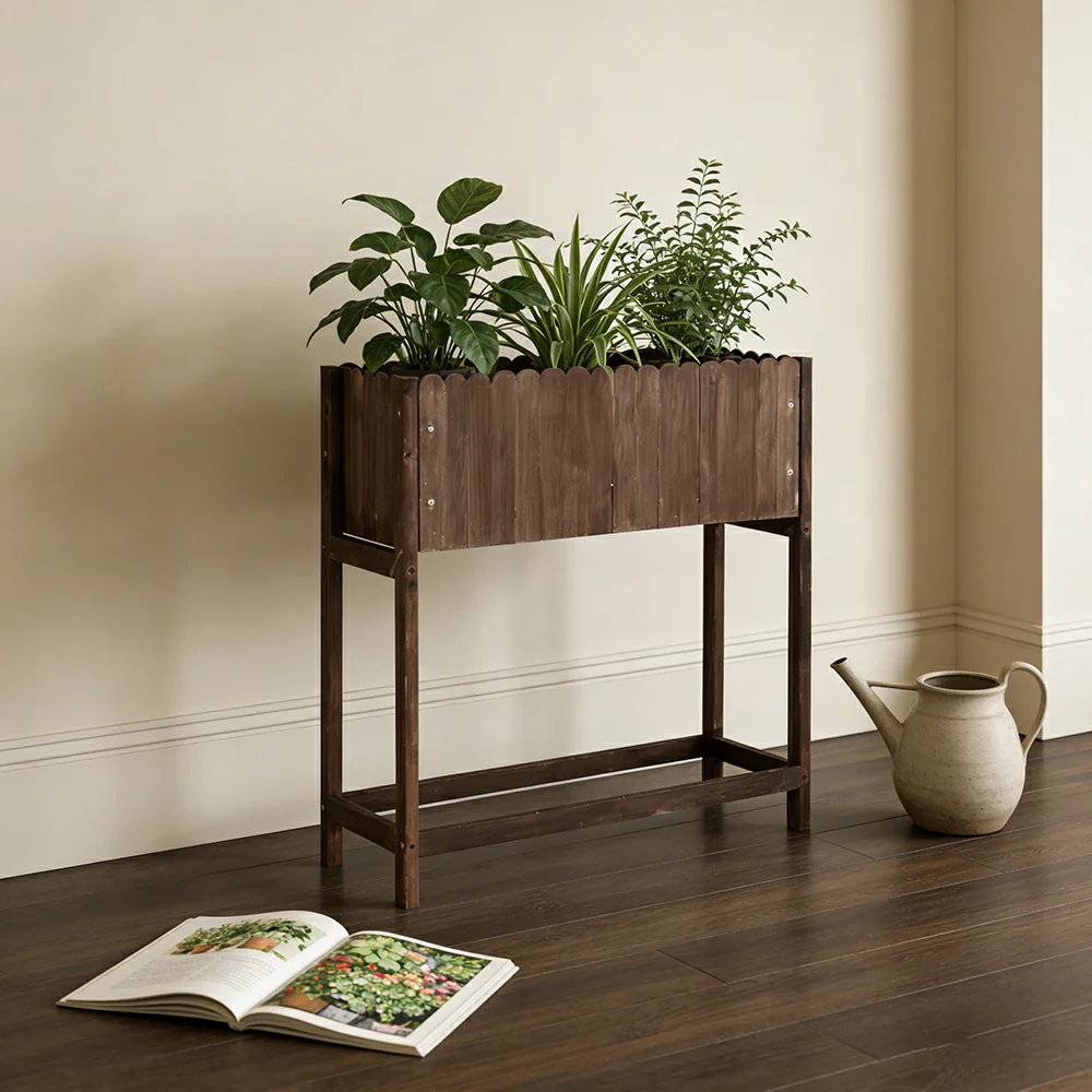 SOLARA 66/106cm Planter Box Dual-Layer Storage Solid Wood Frame Reinforced Structure Water-Based Coating Indoor Outdoor Use - Brown - Image 4