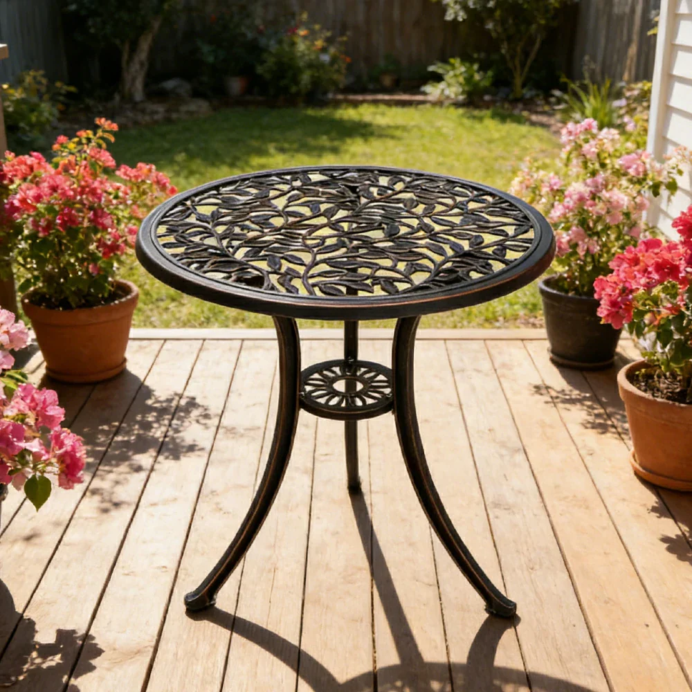 SOLARA 60cm Outdoor Dining Table - Weather-Resistant Cast Aluminium Frame, Heavy-Duty Patio Garden Balcony Table - Black - Image 2
