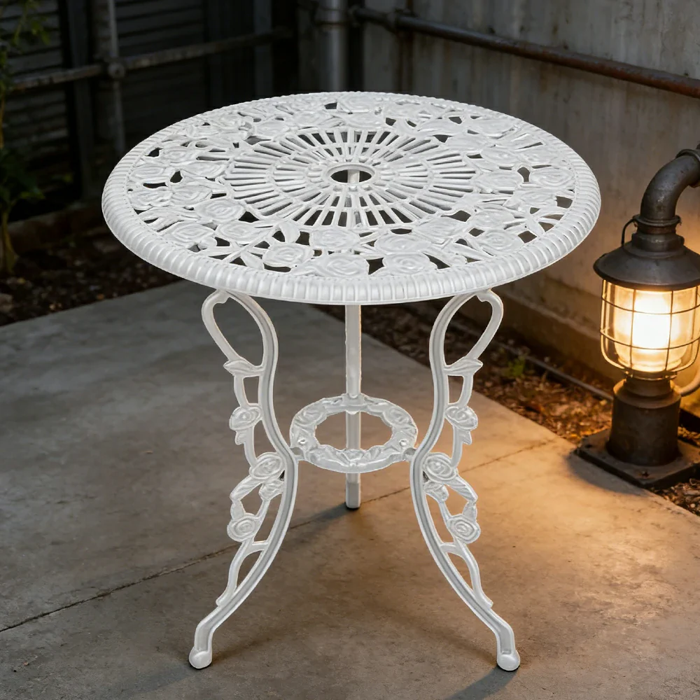 SOLARA 60cm Outdoor Dining Table - Weather-Resistant Cast Aluminium Frame, Heavy-Duty Patio Garden Balcony Table - White - Image 2