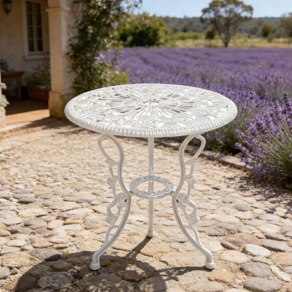 SOLARA 60cm Outdoor Dining Table - Weather-Resistant Cast Aluminium Frame, Heavy-Duty Patio Garden Balcony Table - White - Image 4