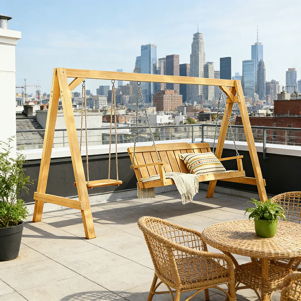 SOLARA Outdoor Swing Chair Heavy-Duty Load Support Solid Wood Frame Stainless Steel Hooks Patio Use - Yellow - Image 2