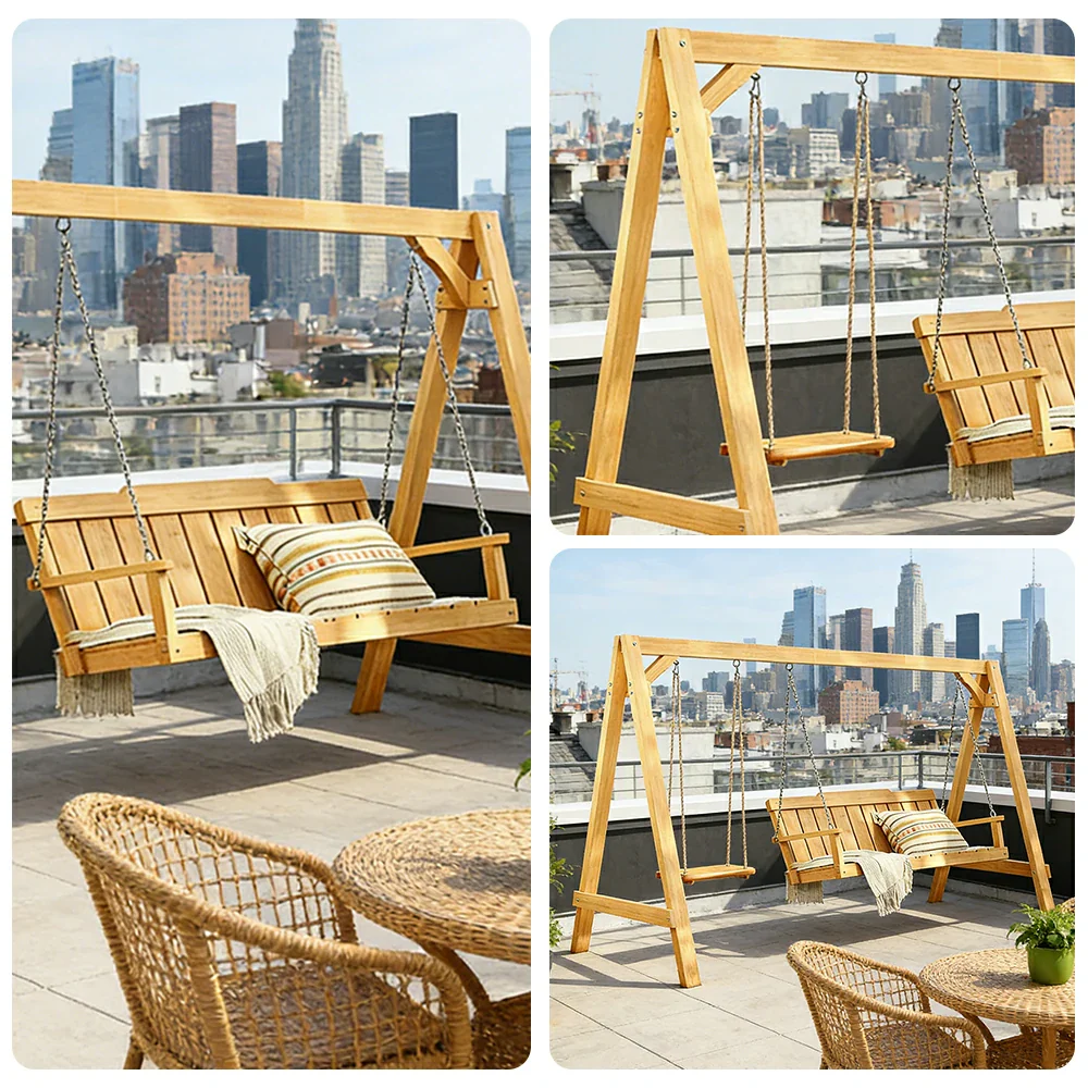 SOLARA Outdoor Swing Chair Heavy-Duty Load Support Solid Wood Frame Stainless Steel Hooks Patio Use - Yellow - Image 3