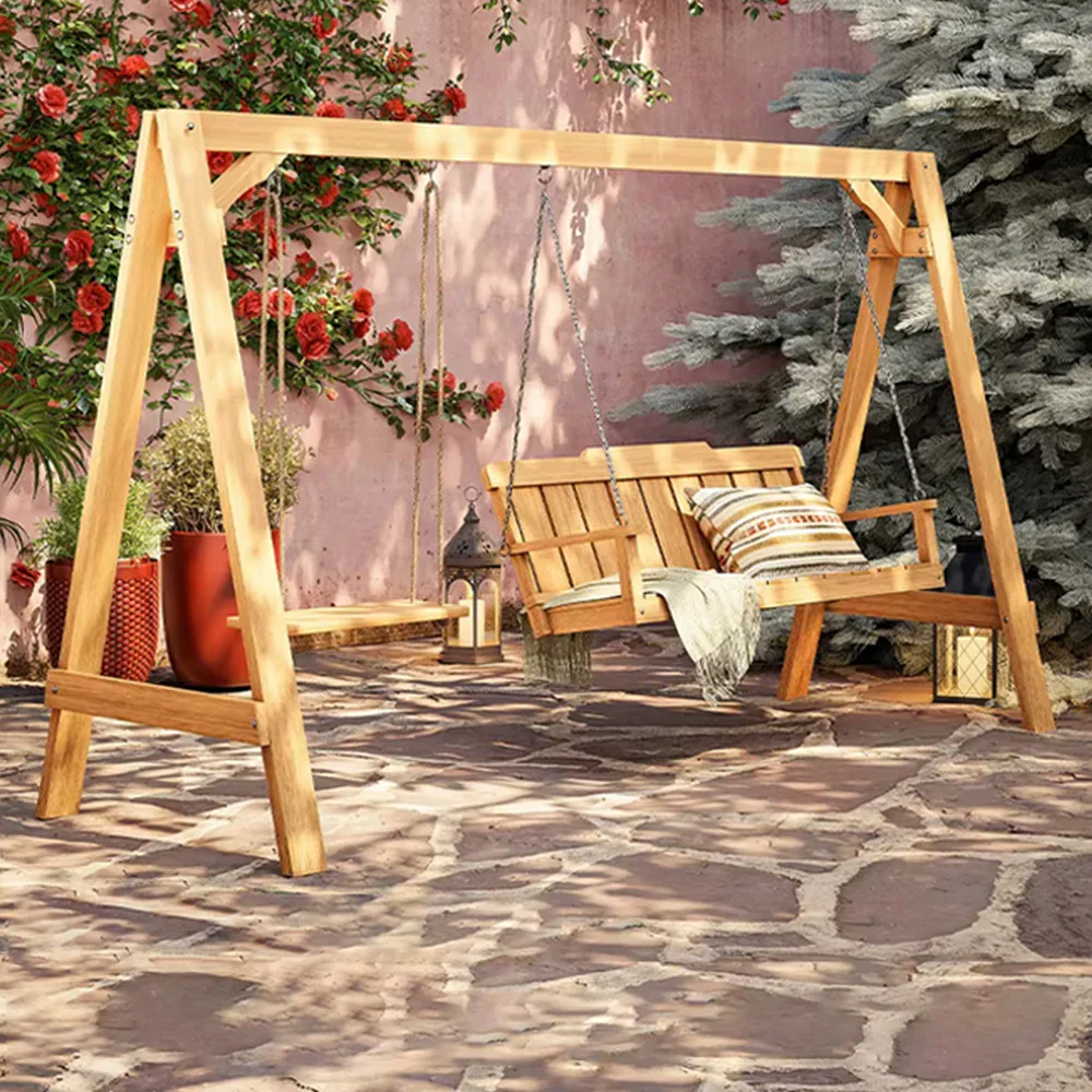 SOLARA Outdoor Swing Chair Heavy-Duty Load Support Solid Wood Frame Stainless Steel Hooks Patio Use - Yellow - Image 4