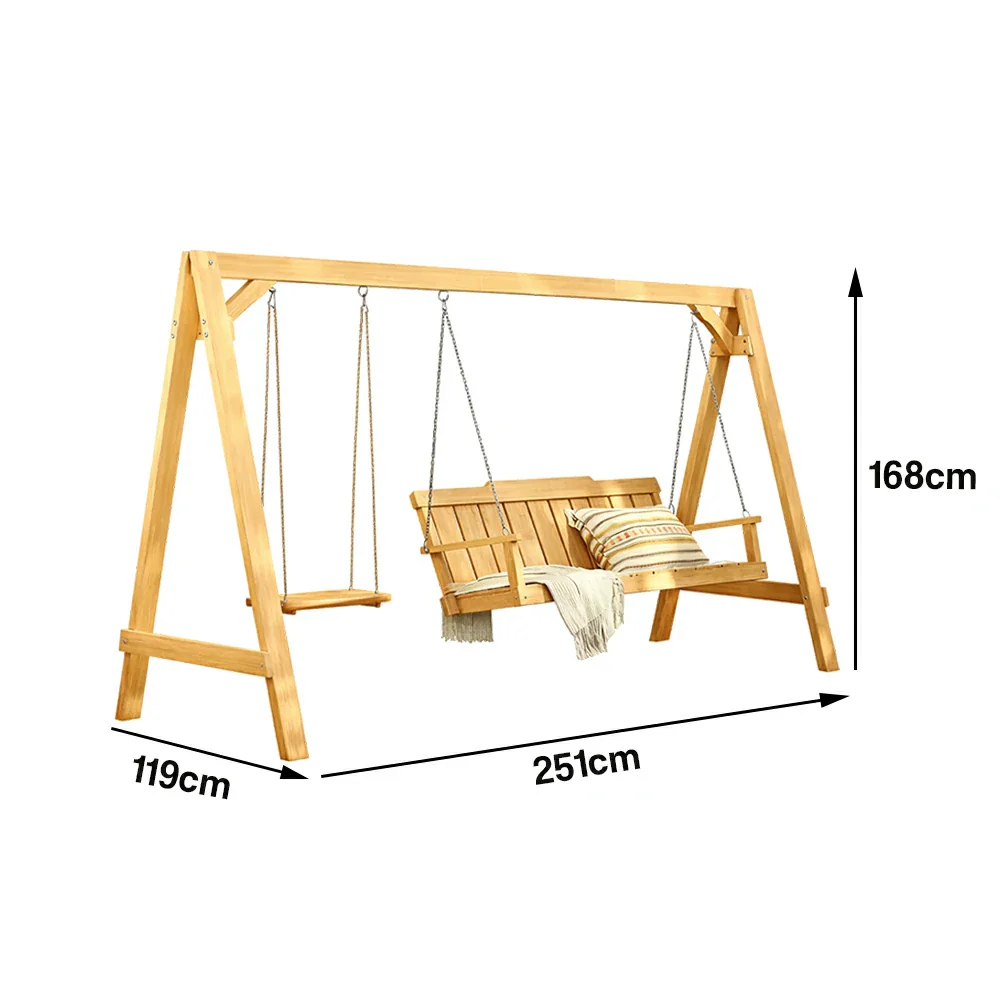 SOLARA Outdoor Swing Chair Heavy-Duty Load Support Solid Wood Frame Stainless Steel Hooks Patio Use - Yellow - Image 5