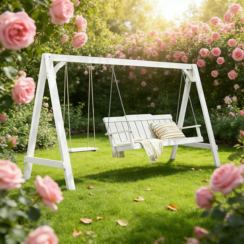 SOLARA Outdoor Swing Chair Heavy-Duty Load Support Solid Wood Frame Stainless Steel Hooks Patio Use - White - Image 4