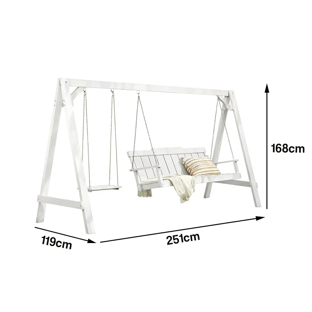 SOLARA Outdoor Swing Chair Heavy-Duty Load Support Solid Wood Frame Stainless Steel Hooks Patio Use - White - Image 5