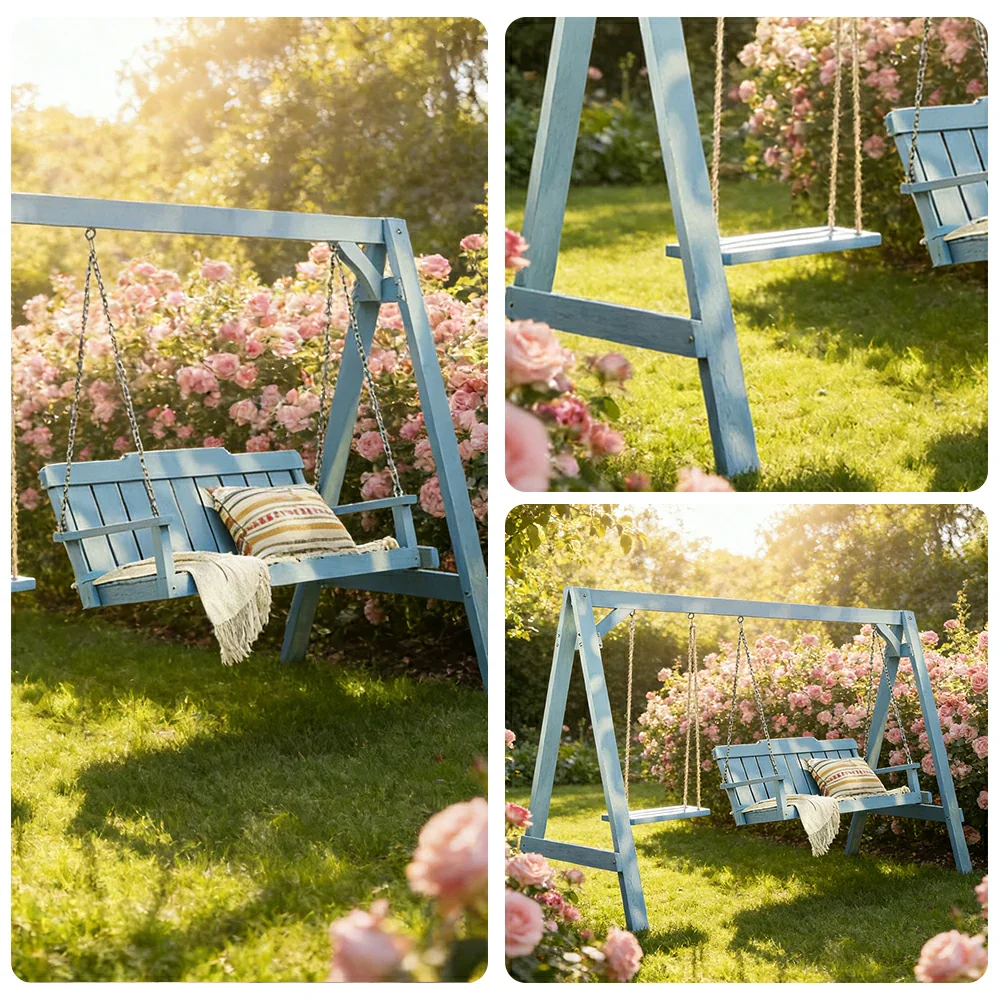 SOLARA Outdoor Swing Chair Heavy-Duty Load Support Solid Wood Frame Stainless Steel Hooks Patio Use - Blue - Image 3
