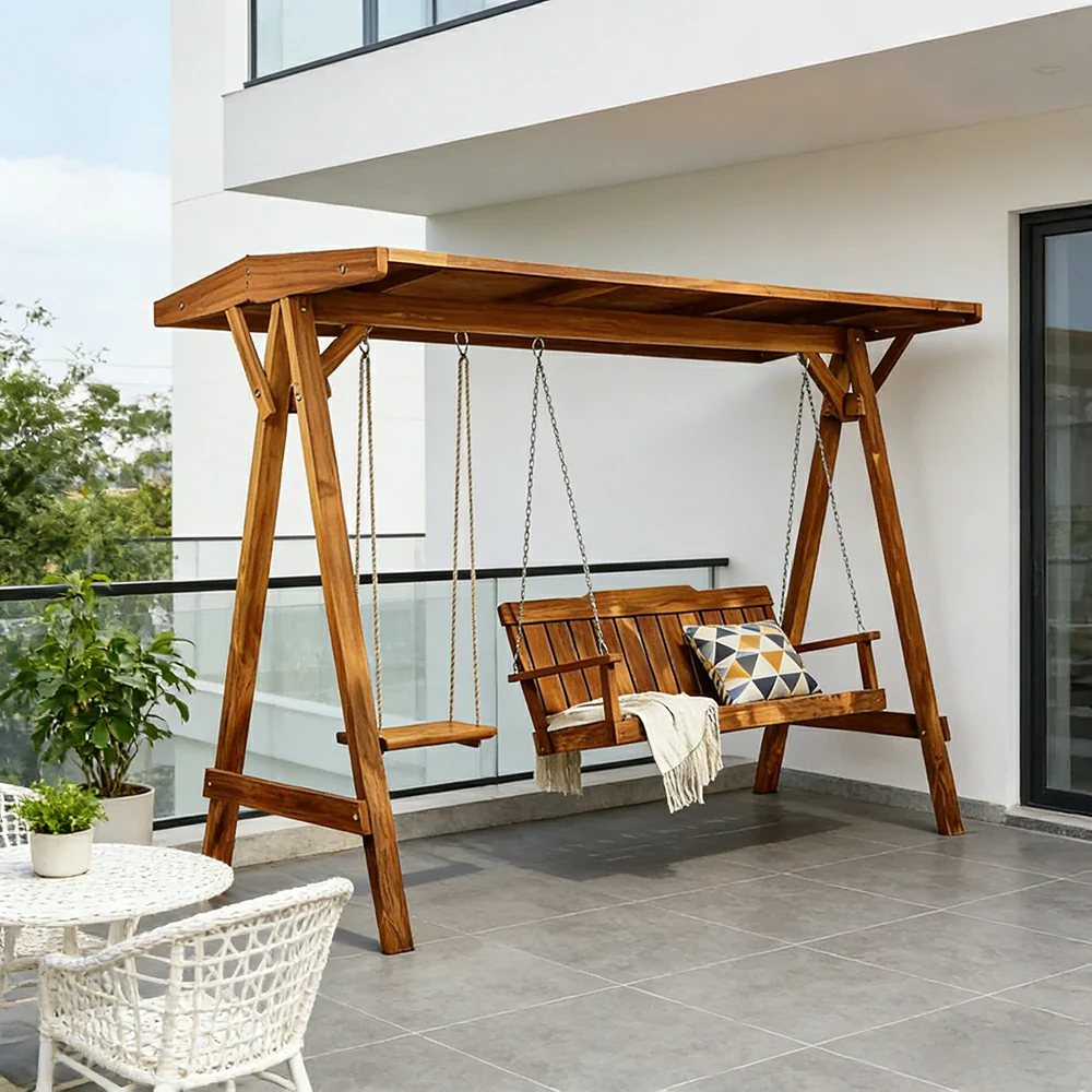 SOLARA Outdoor Swing Chair with Canopy Heavy-Duty Load Support Solid Wood Frame Stainless Steel Hooks - Brown - Image 2