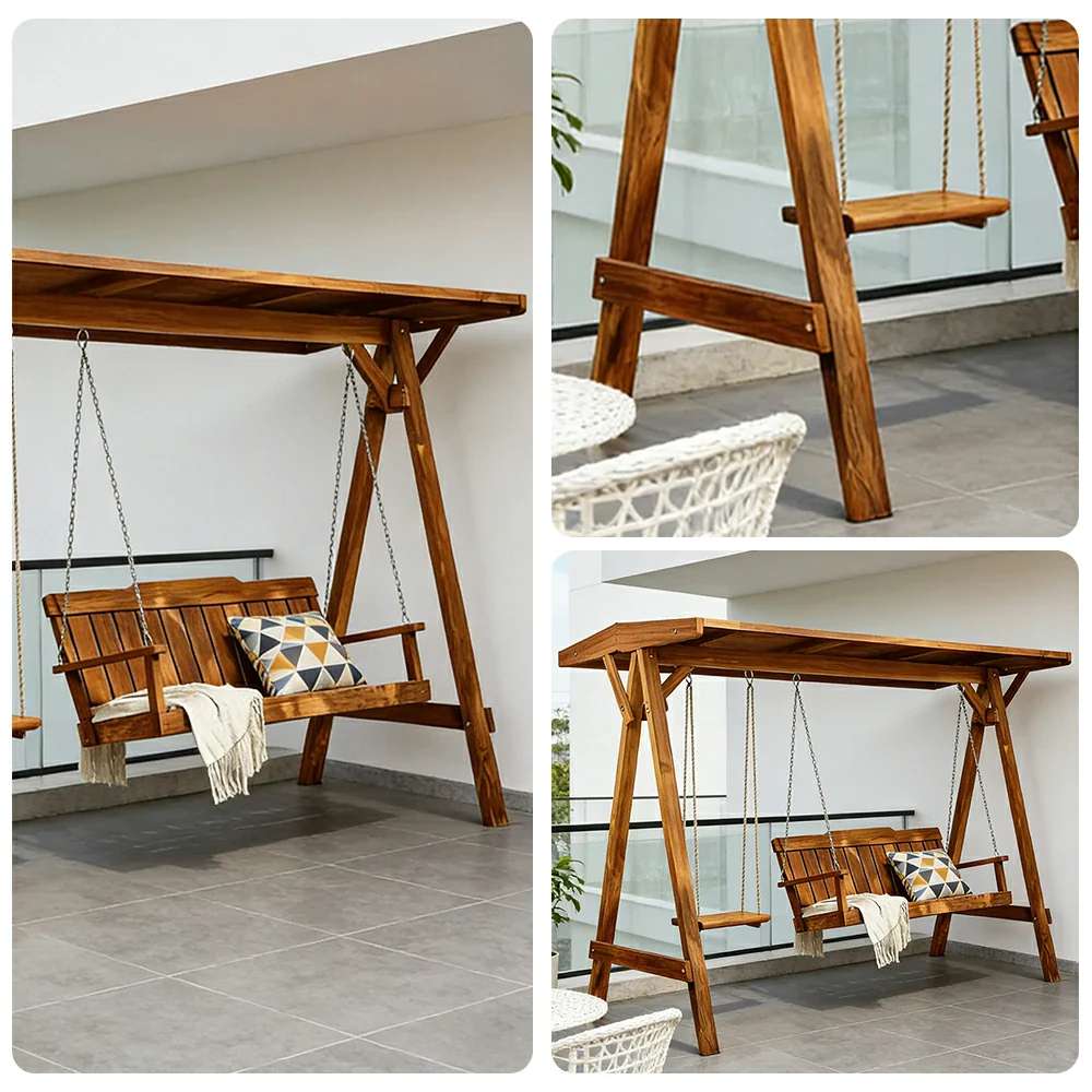 SOLARA Outdoor Swing Chair with Canopy Heavy-Duty Load Support Solid Wood Frame Stainless Steel Hooks - Brown - Image 3