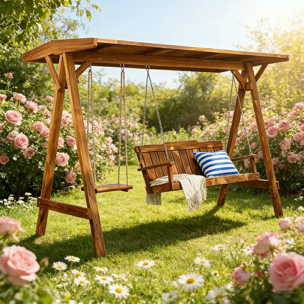 SOLARA Outdoor Swing Chair with Canopy Heavy-Duty Load Support Solid Wood Frame Stainless Steel Hooks - Brown - Image 4