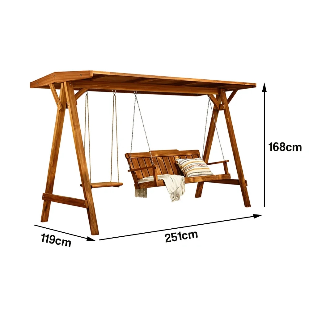 SOLARA Outdoor Swing Chair with Canopy Heavy-Duty Load Support Solid Wood Frame Stainless Steel Hooks - Brown - Image 5
