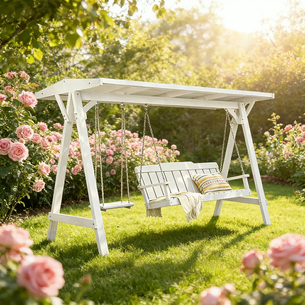 SOLARA Outdoor Swing Chair with Canopy Heavy-Duty Load Support Solid Wood Frame Stainless Steel Hooks - White - Image 2