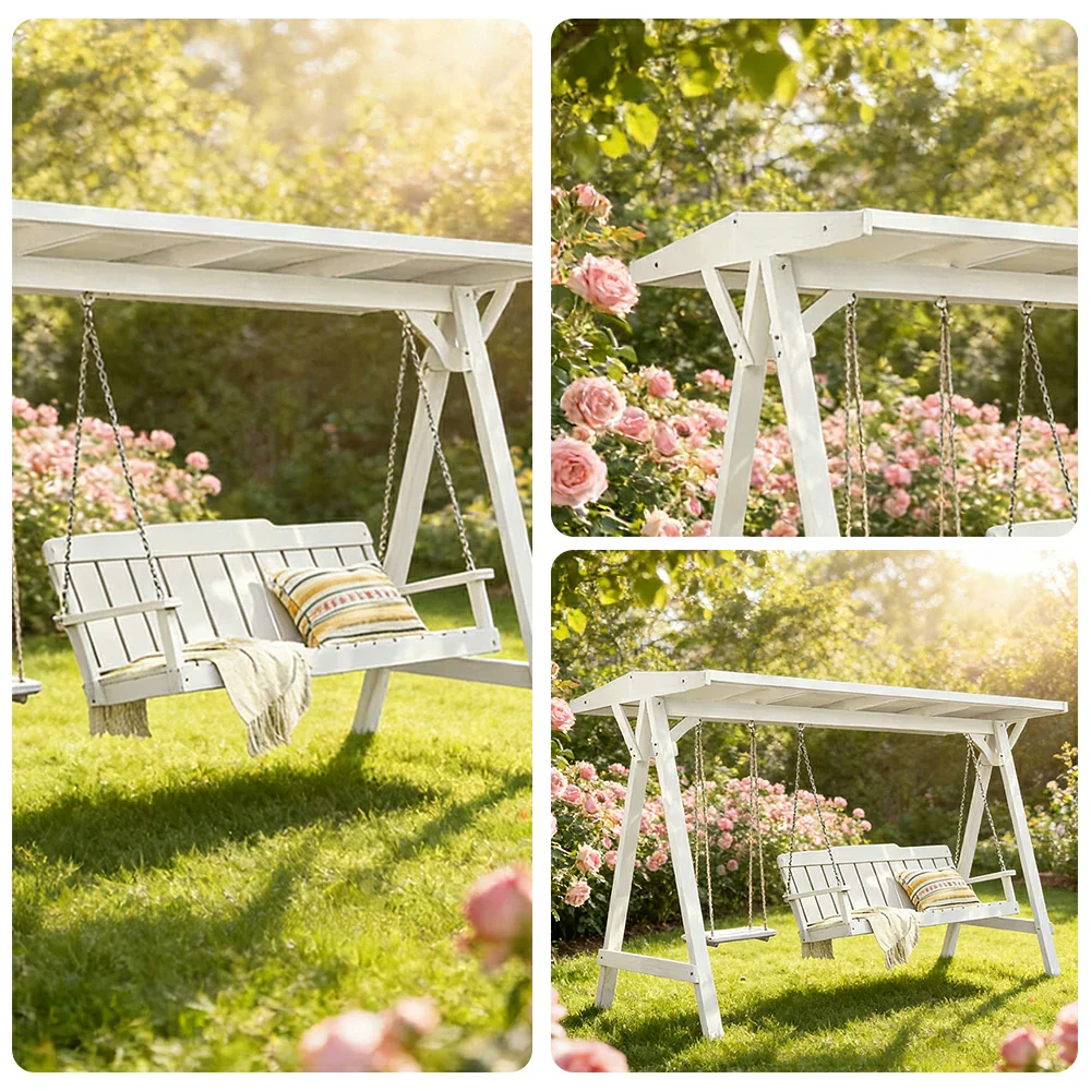 SOLARA Outdoor Swing Chair with Canopy Heavy-Duty Load Support Solid Wood Frame Stainless Steel Hooks - White - Image 3