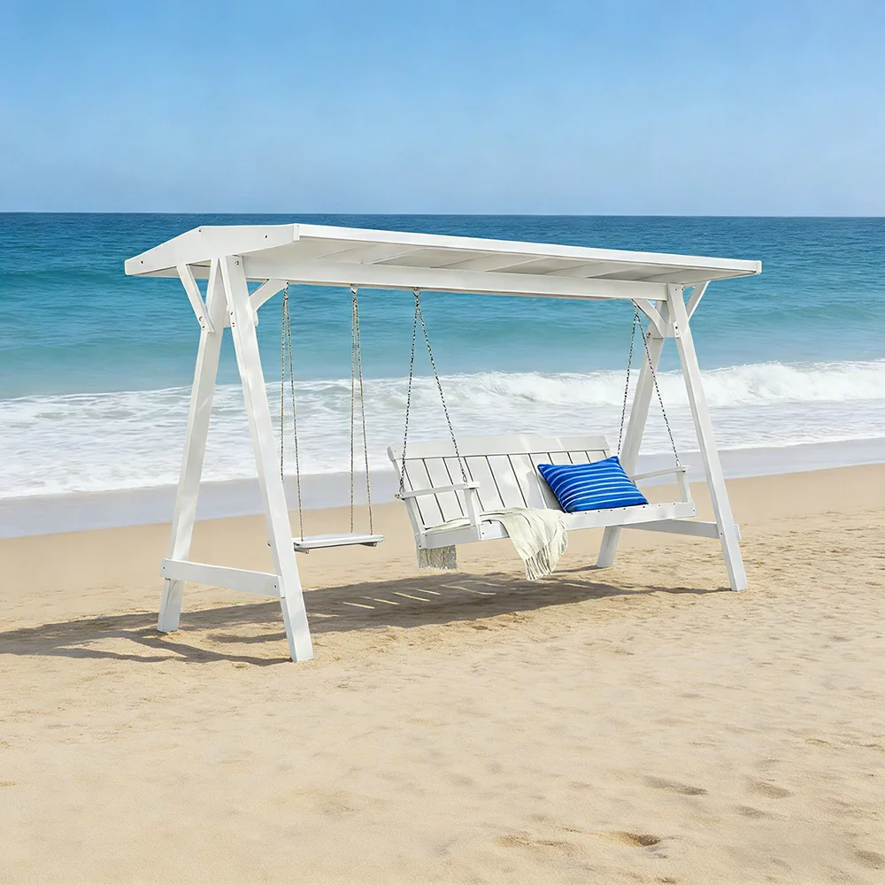 SOLARA Outdoor Swing Chair with Canopy Heavy-Duty Load Support Solid Wood Frame Stainless Steel Hooks - White - Image 4