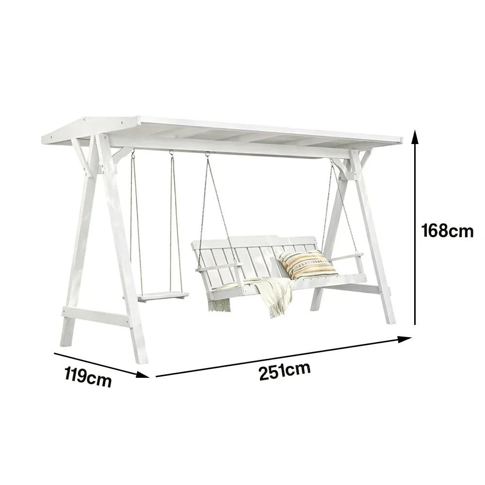 SOLARA Outdoor Swing Chair with Canopy Heavy-Duty Load Support Solid Wood Frame Stainless Steel Hooks - White - Image 5