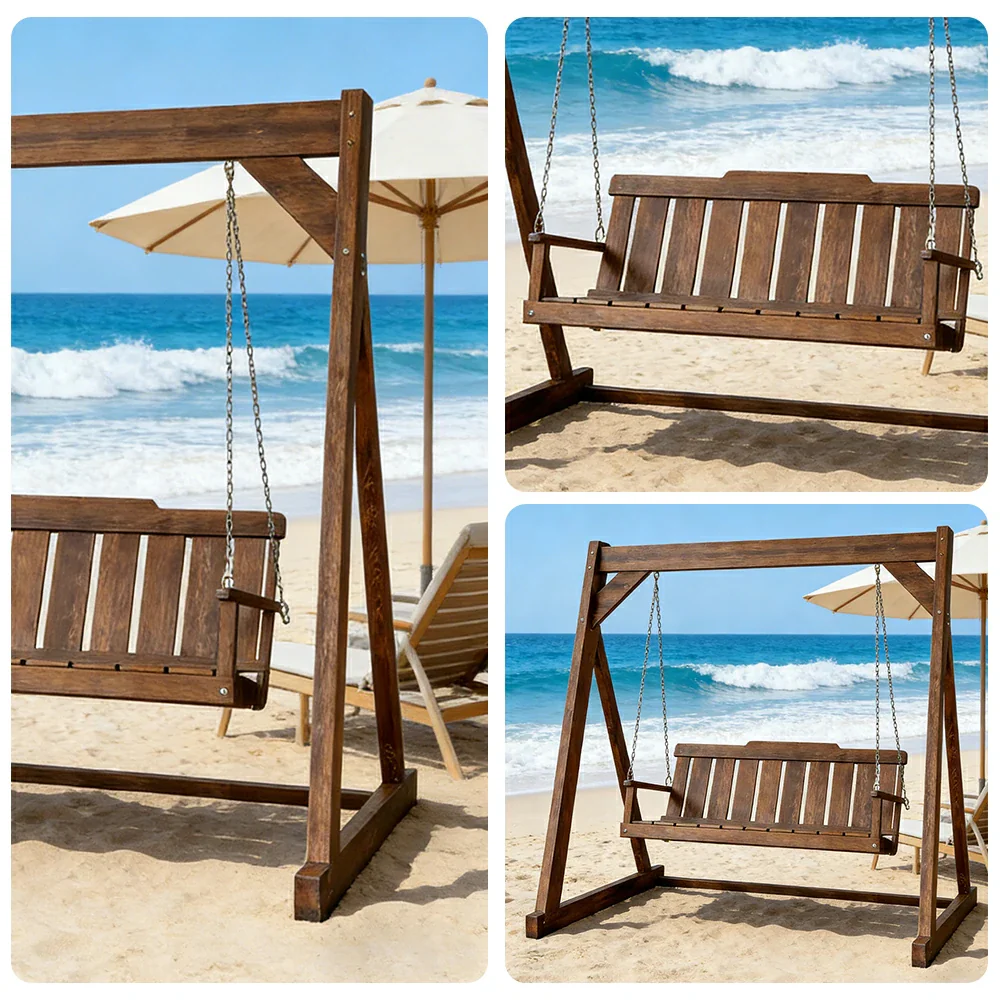 SOLARA Outdoor Swing Chair Reinforced Triangular Frame Solid Wood Structure Stainless Steel Chains - Walnut - Image 3