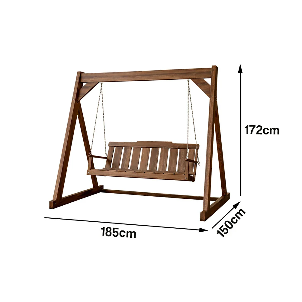 SOLARA Outdoor Swing Chair Reinforced Triangular Frame Solid Wood Structure Stainless Steel Chains - Walnut - Image 5