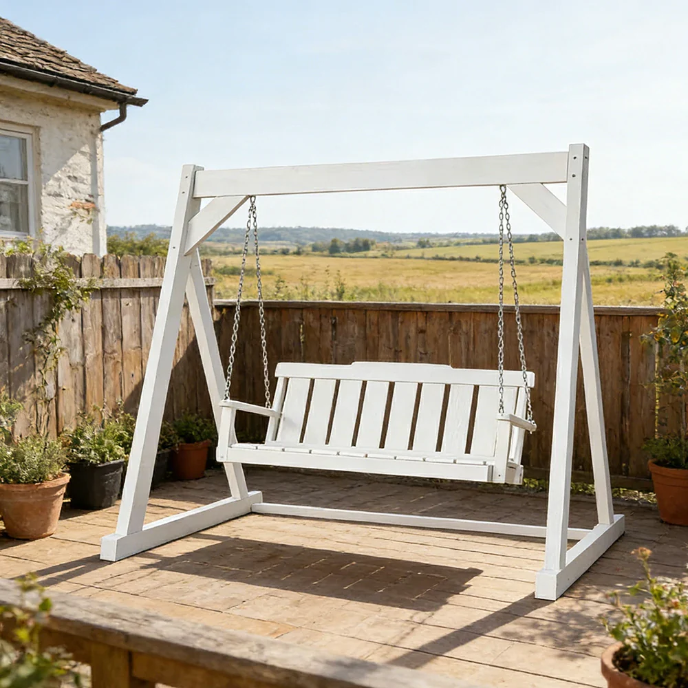 SOLARA Outdoor Swing Chair Reinforced Triangular Frame Solid Wood Structure Stainless Steel Chains - White - Image 2