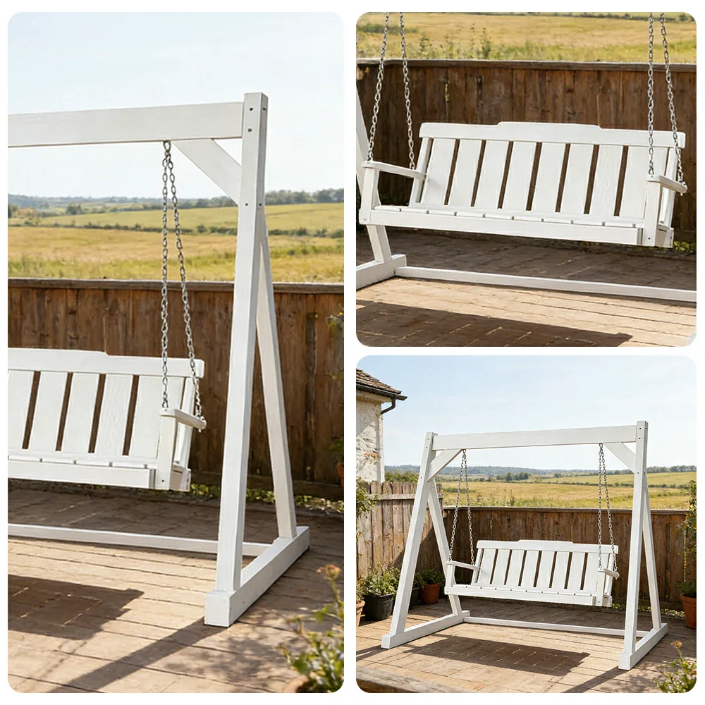 SOLARA Outdoor Swing Chair Reinforced Triangular Frame Solid Wood Structure Stainless Steel Chains - White - Image 3