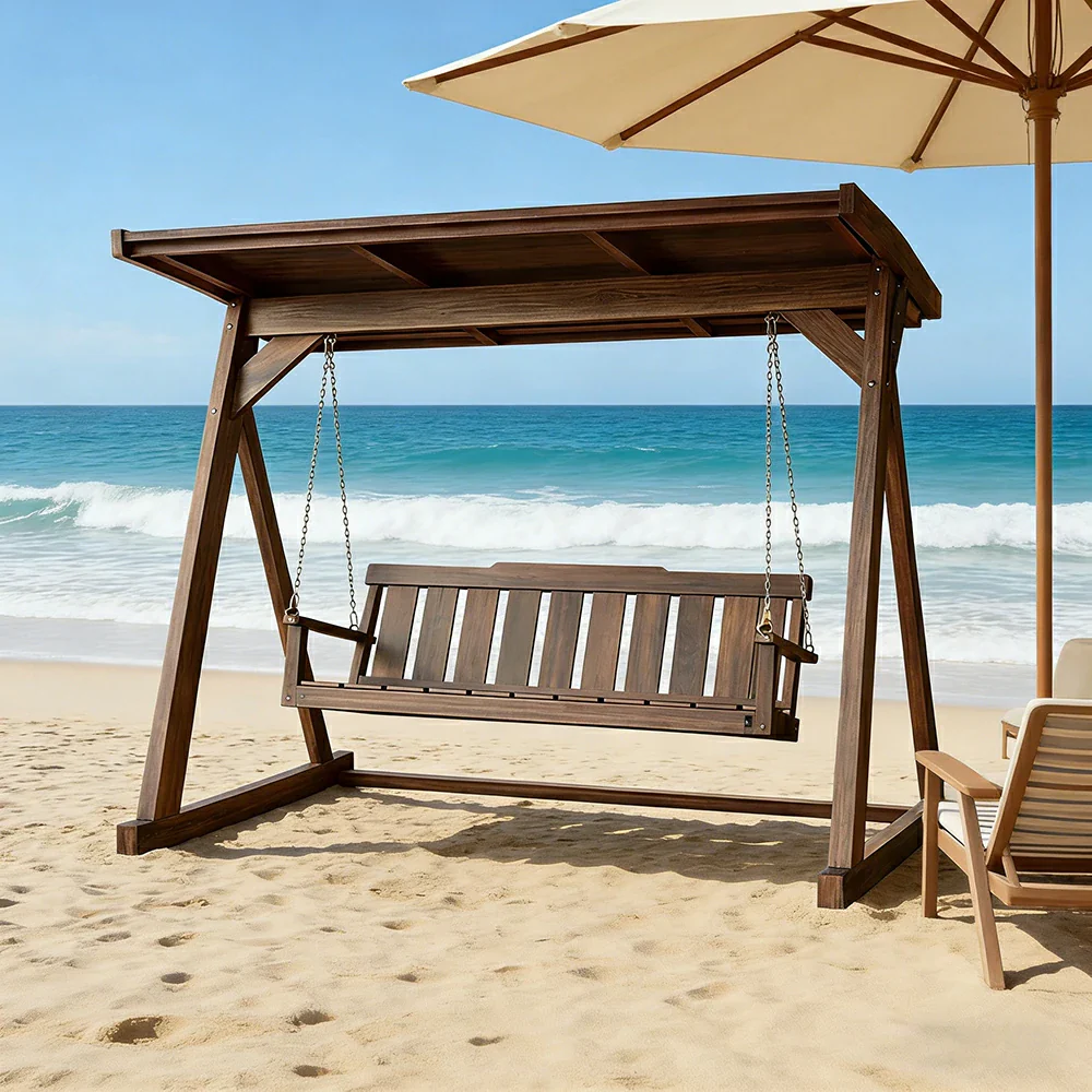 SOLARA Outdoor Swing Chair with Canopy Reinforced Triangular Frame Solid Wood Structure Stainless Steel Chains - Walnut - Image 2