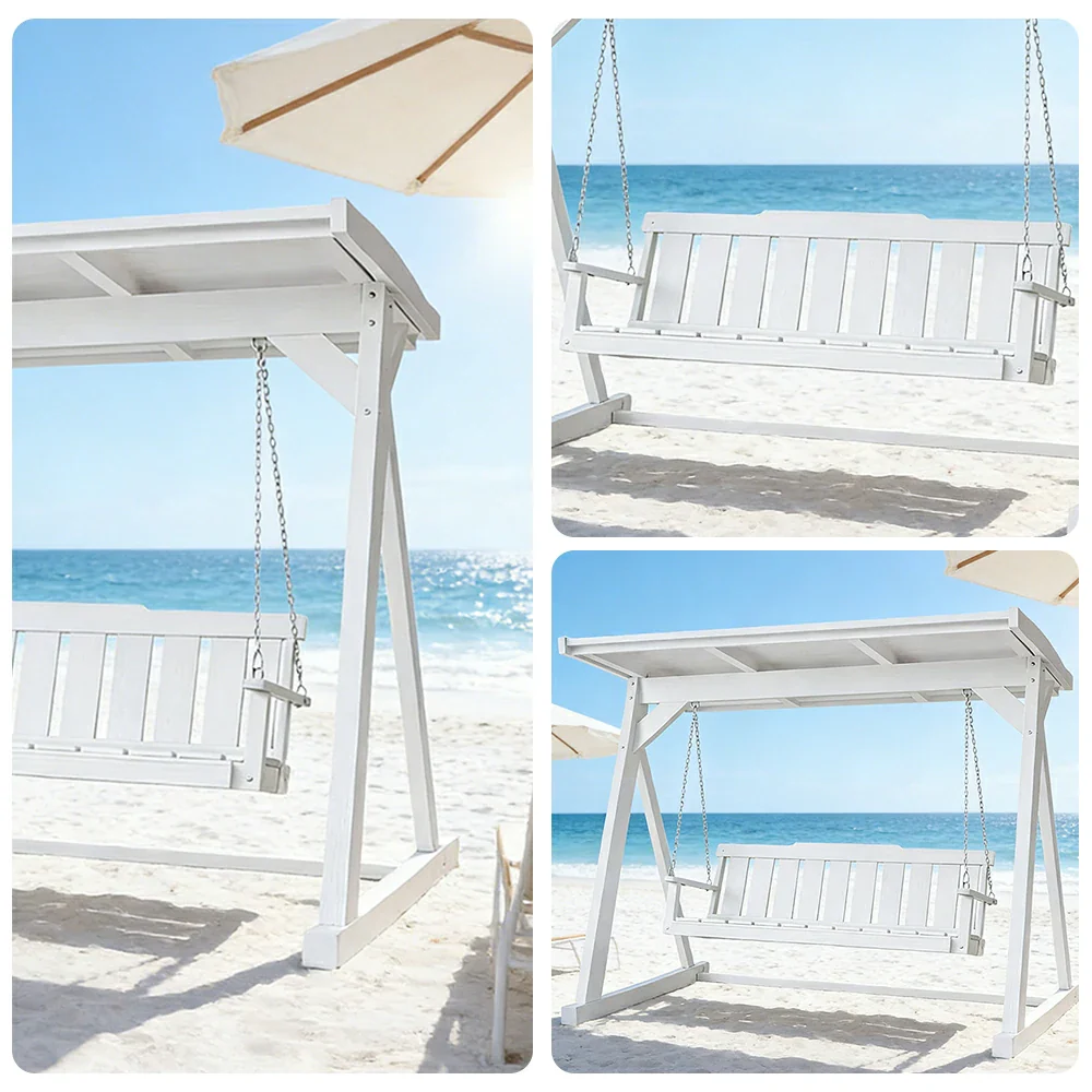 SOLARA Outdoor Swing Chair with Canopy Reinforced Triangular Frame Solid Wood Structure Stainless Steel Chains - White - Image 3