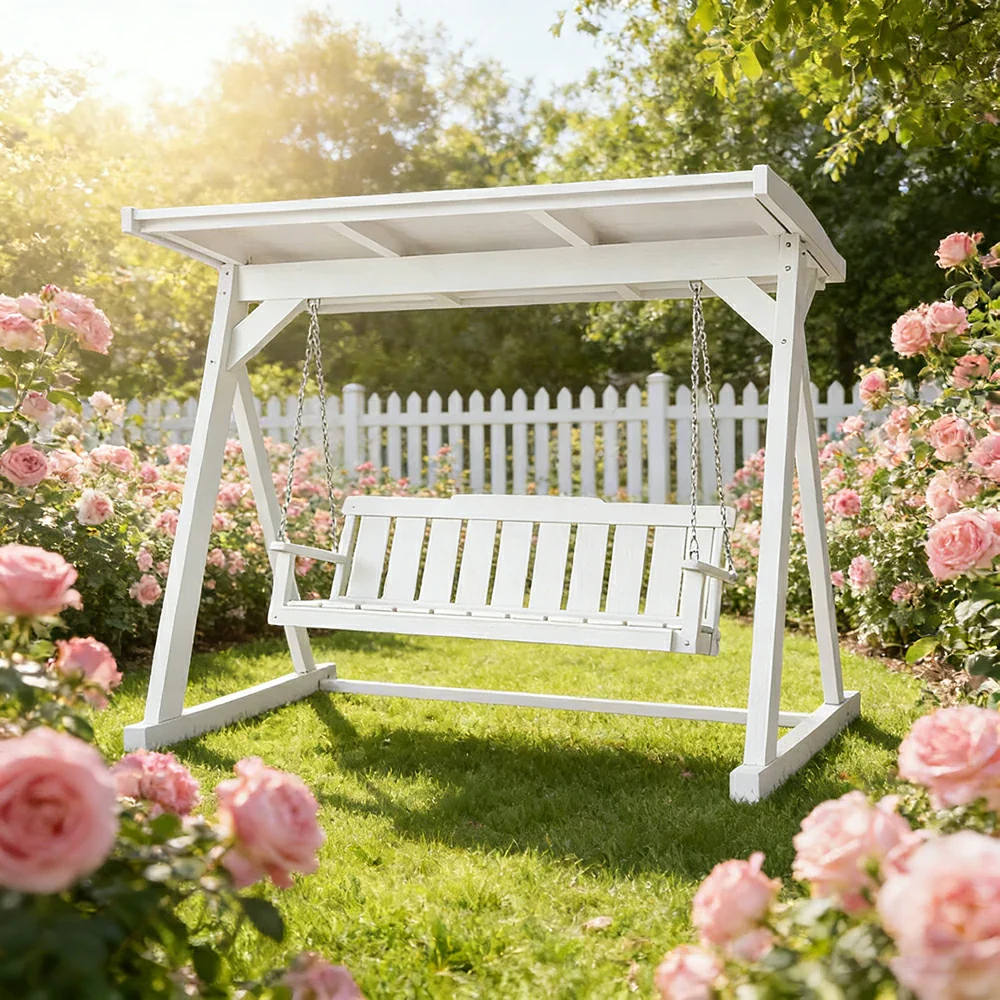 SOLARA Outdoor Swing Chair with Canopy Reinforced Triangular Frame Solid Wood Structure Stainless Steel Chains - White - Image 4