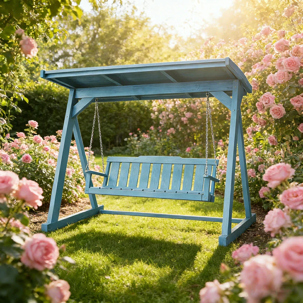 SOLARA Outdoor Swing Chair with Canopy Reinforced Triangular Frame Solid Wood Structure Stainless Steel Chains - Blue - Image 2