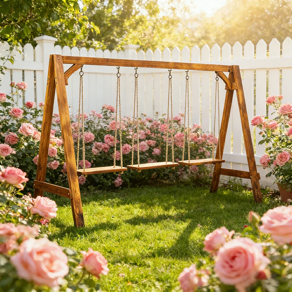SOLARA 125/212/263cm Outdoor Swing Set Triangular Frame Solid Pine Wood ACQ Treated Heavy-Duty Rope Support - Brown - Image 12