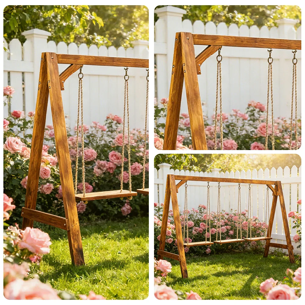 SOLARA 125/212/263cm Outdoor Swing Set Triangular Frame Solid Pine Wood ACQ Treated Heavy-Duty Rope Support - Brown - Image 13