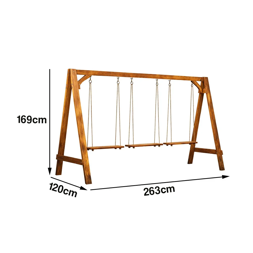 SOLARA 125/212/263cm Outdoor Swing Set Triangular Frame Solid Pine Wood ACQ Treated Heavy-Duty Rope Support - Brown - Image 15