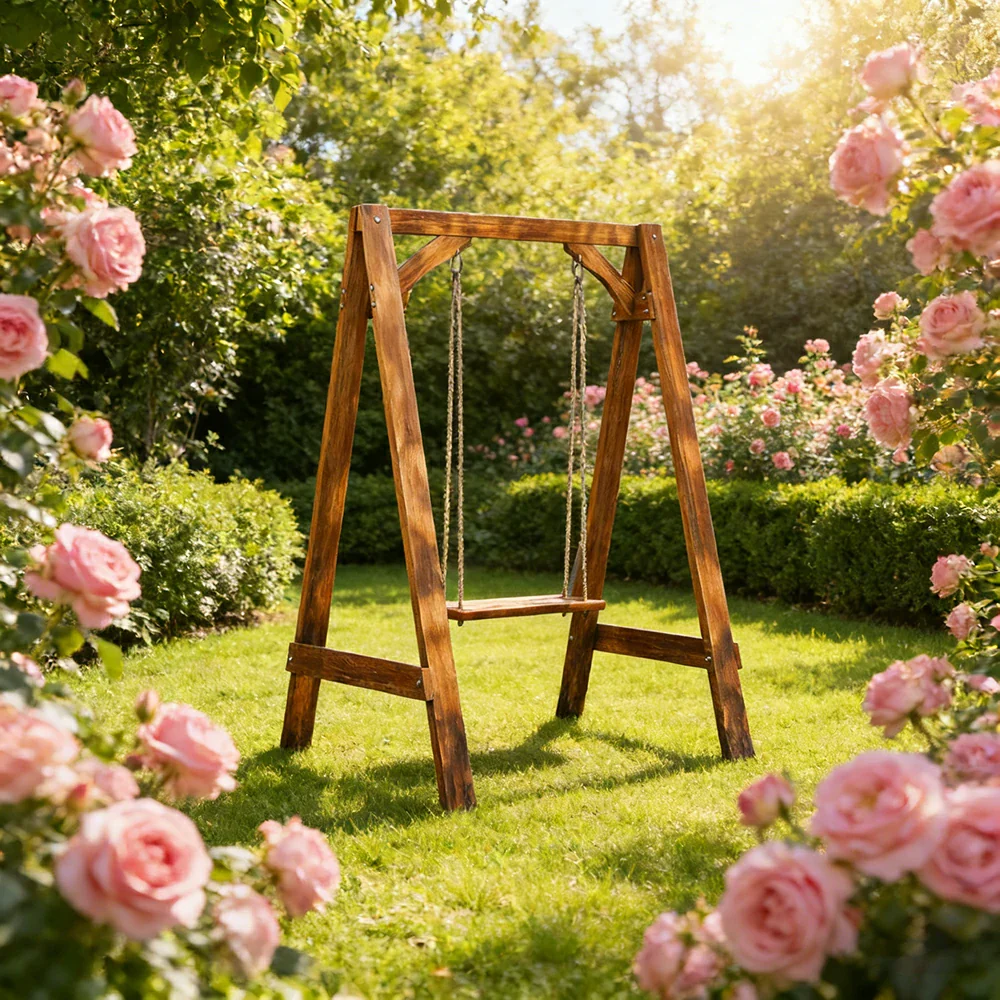 SOLARA 125/212/263cm Outdoor Swing Set Triangular Frame Solid Pine Wood ACQ Treated Heavy-Duty Rope Support - Brown - Image 2