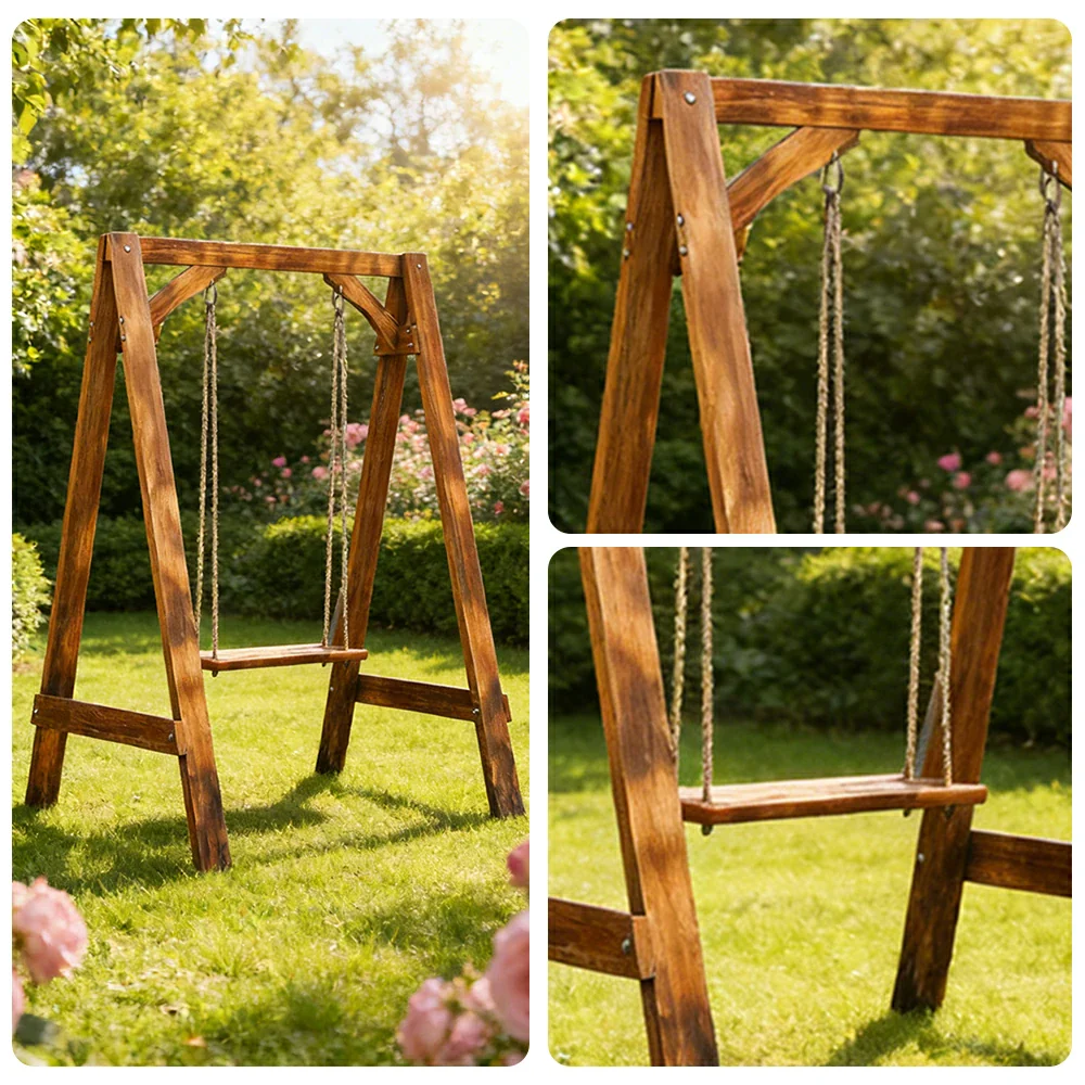 SOLARA 125/212/263cm Outdoor Swing Set Triangular Frame Solid Pine Wood ACQ Treated Heavy-Duty Rope Support - Brown - Image 3