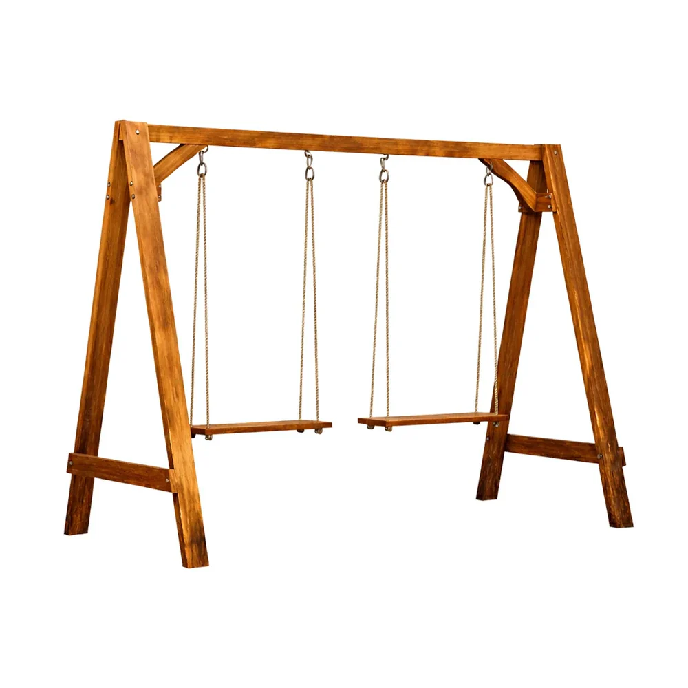 SOLARA 125/212/263cm Outdoor Swing Set Triangular Frame Solid Pine Wood ACQ Treated Heavy-Duty Rope Support - Brown - Image 6