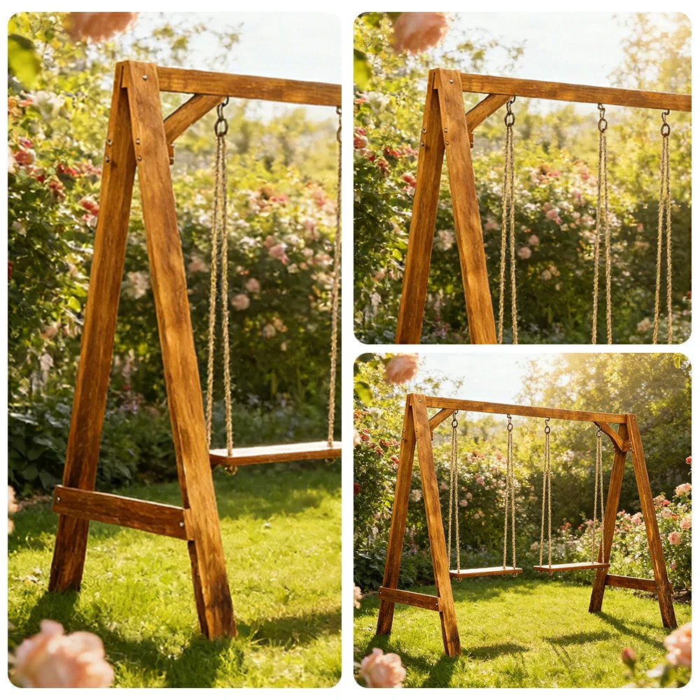 SOLARA 125/212/263cm Outdoor Swing Set Triangular Frame Solid Pine Wood ACQ Treated Heavy-Duty Rope Support - Brown - Image 8