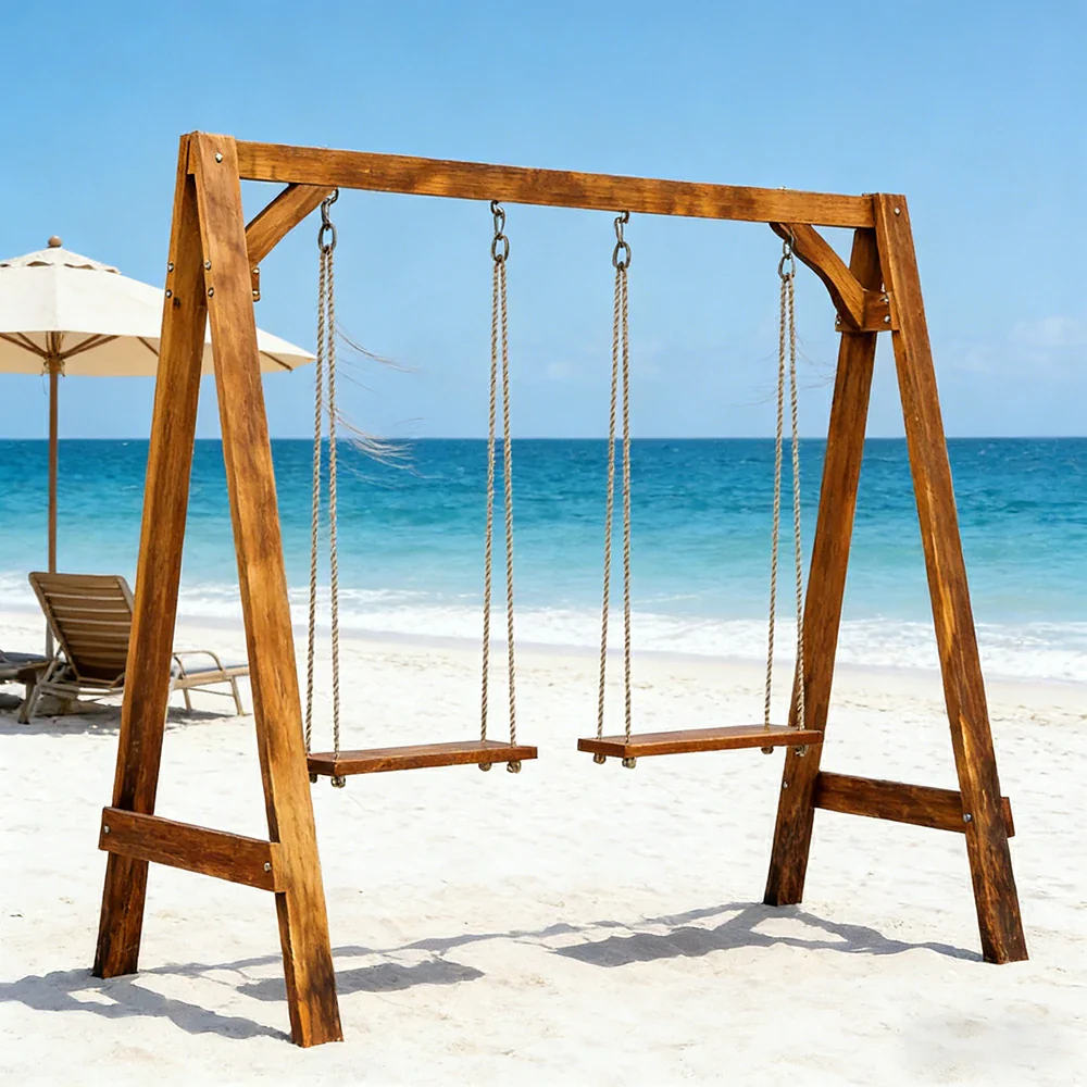 SOLARA 125/212/263cm Outdoor Swing Set Triangular Frame Solid Pine Wood ACQ Treated Heavy-Duty Rope Support - Brown - Image 9