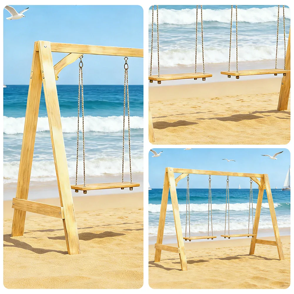 SOLARA 125/212/263cm Outdoor Swing Set Triangular Frame Solid Pine Wood ACQ Treated Heavy-Duty Rope Support - Yellow - Image 8