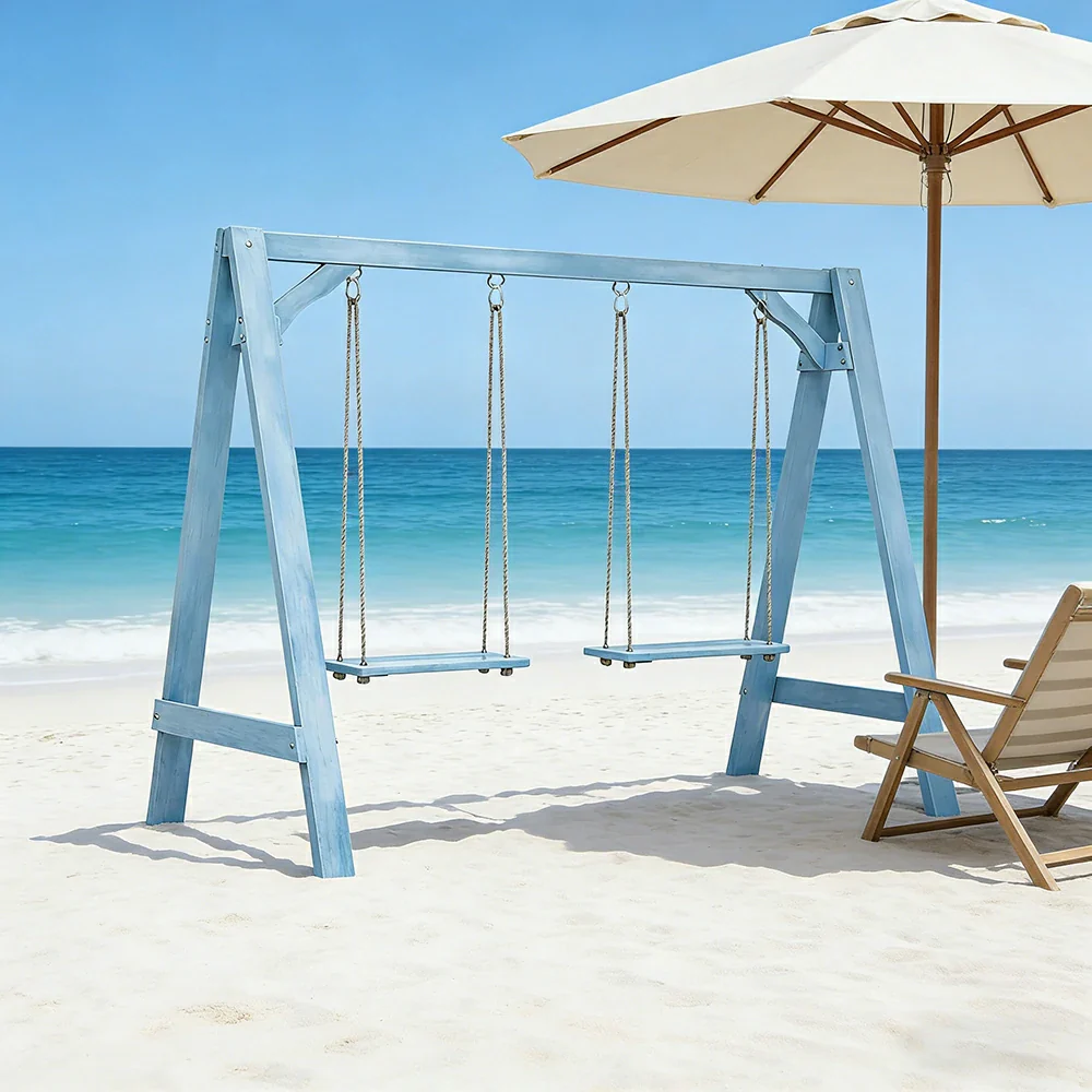 SOLARA 125/212/263cm Outdoor Swing Set Triangular Frame Solid Pine Wood ACQ Treated Heavy-Duty Rope Support - Blue - Image 7
