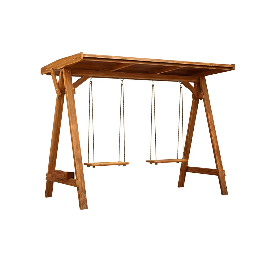 SOLARA 210/273cm Outdoor Swing Set with Canopy Triangular Frame Solid Pine Wood ACQ Treated Heavy-Duty Rope - Brown