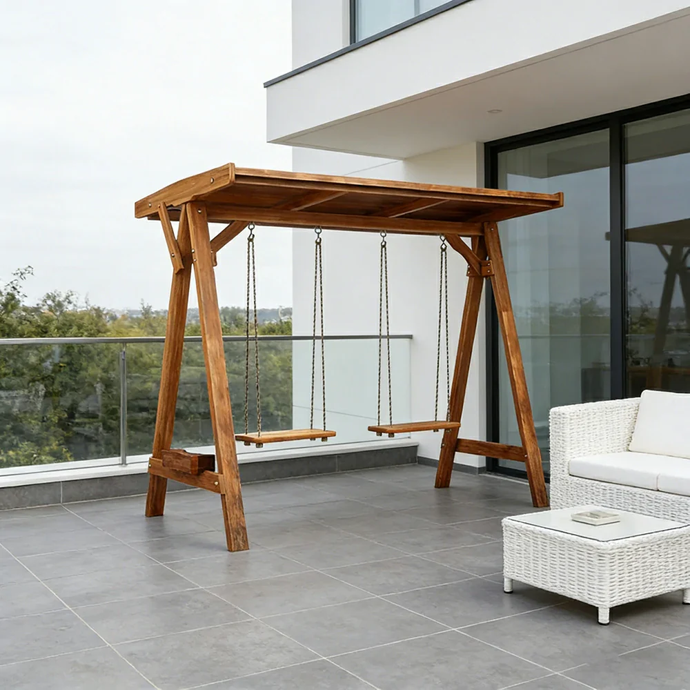 SOLARA 210/273cm Outdoor Swing Set with Canopy Triangular Frame Solid Pine Wood ACQ Treated Heavy-Duty Rope - Brown - Image 2