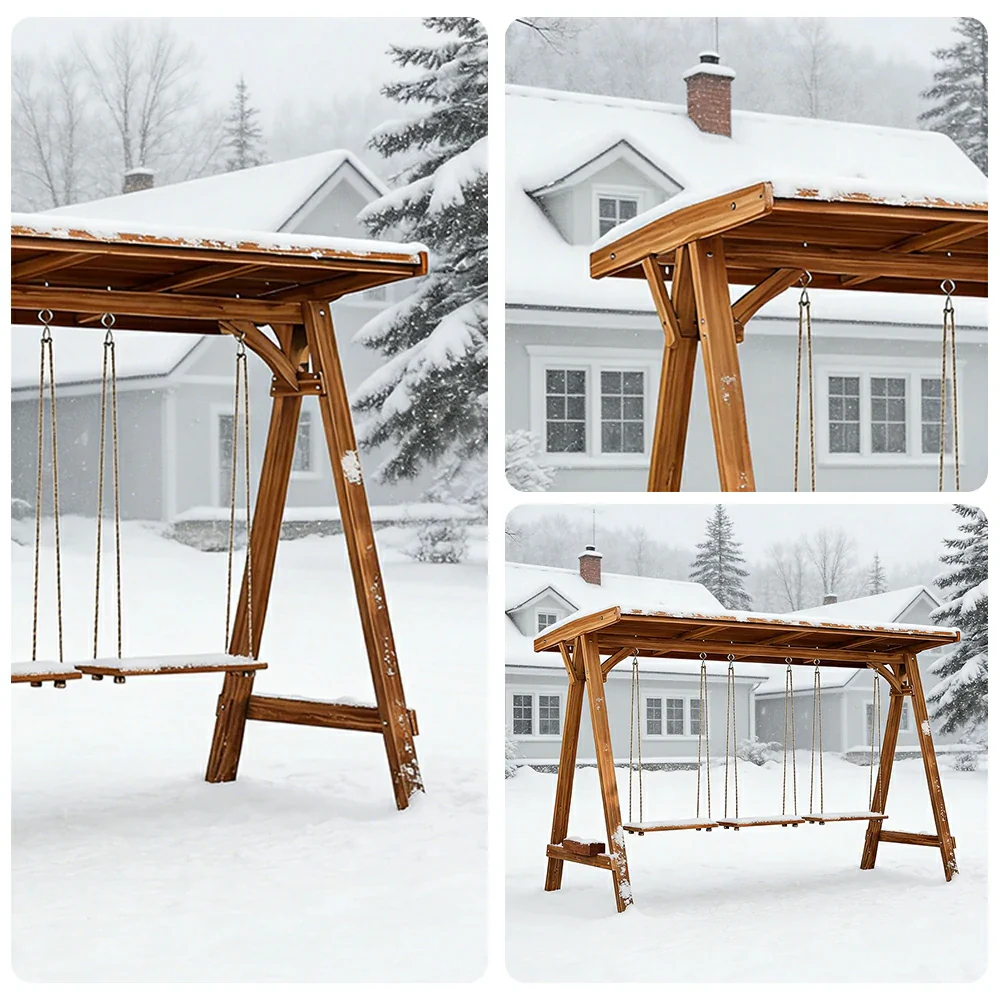 SOLARA 210/273cm Outdoor Swing Set with Canopy Triangular Frame Solid Pine Wood ACQ Treated Heavy-Duty Rope - Brown - Image 8