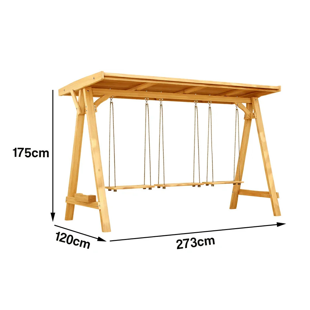 SOLARA 210/273cm Outdoor Swing Set with Canopy Triangular Frame Solid Pine Wood ACQ Treated Heavy-Duty Rope - Yellow - Image 10