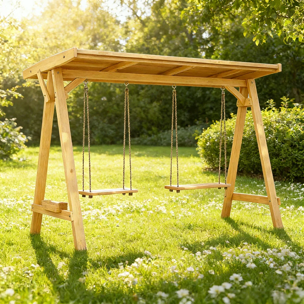 SOLARA 210/273cm Outdoor Swing Set with Canopy Triangular Frame Solid Pine Wood ACQ Treated Heavy-Duty Rope - Yellow - Image 2