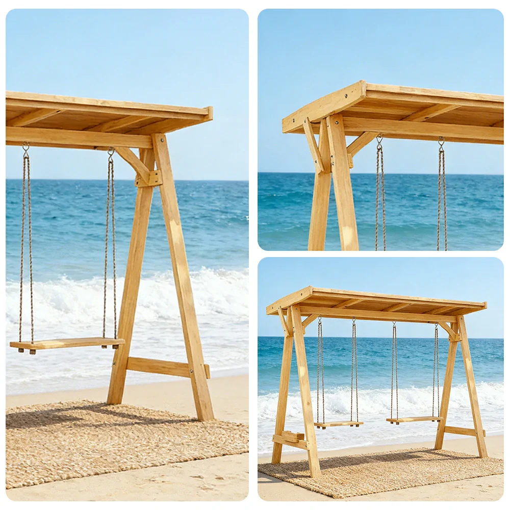 SOLARA 210/273cm Outdoor Swing Set with Canopy Triangular Frame Solid Pine Wood ACQ Treated Heavy-Duty Rope - Yellow - Image 3