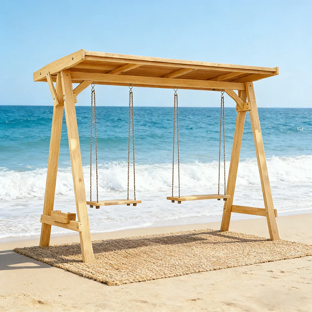 SOLARA 210/273cm Outdoor Swing Set with Canopy Triangular Frame Solid Pine Wood ACQ Treated Heavy-Duty Rope - Yellow - Image 4