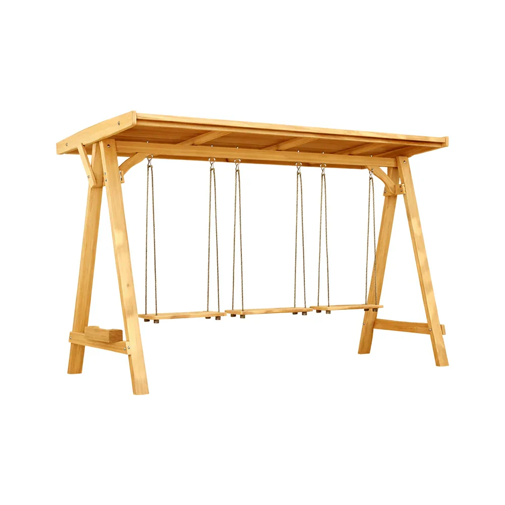 SOLARA 210/273cm Outdoor Swing Set with Canopy Triangular Frame Solid Pine Wood ACQ Treated Heavy-Duty Rope - Yellow - Image 6