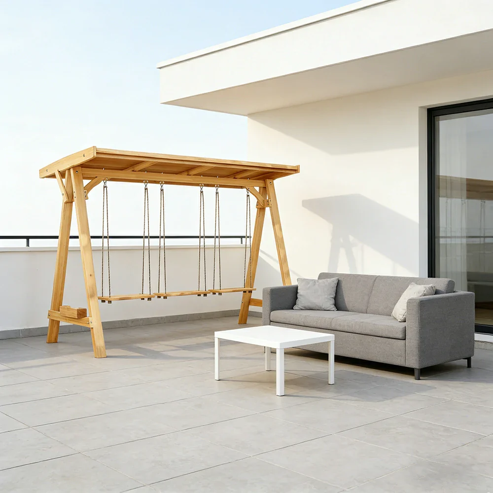 SOLARA 210/273cm Outdoor Swing Set with Canopy Triangular Frame Solid Pine Wood ACQ Treated Heavy-Duty Rope - Yellow - Image 7