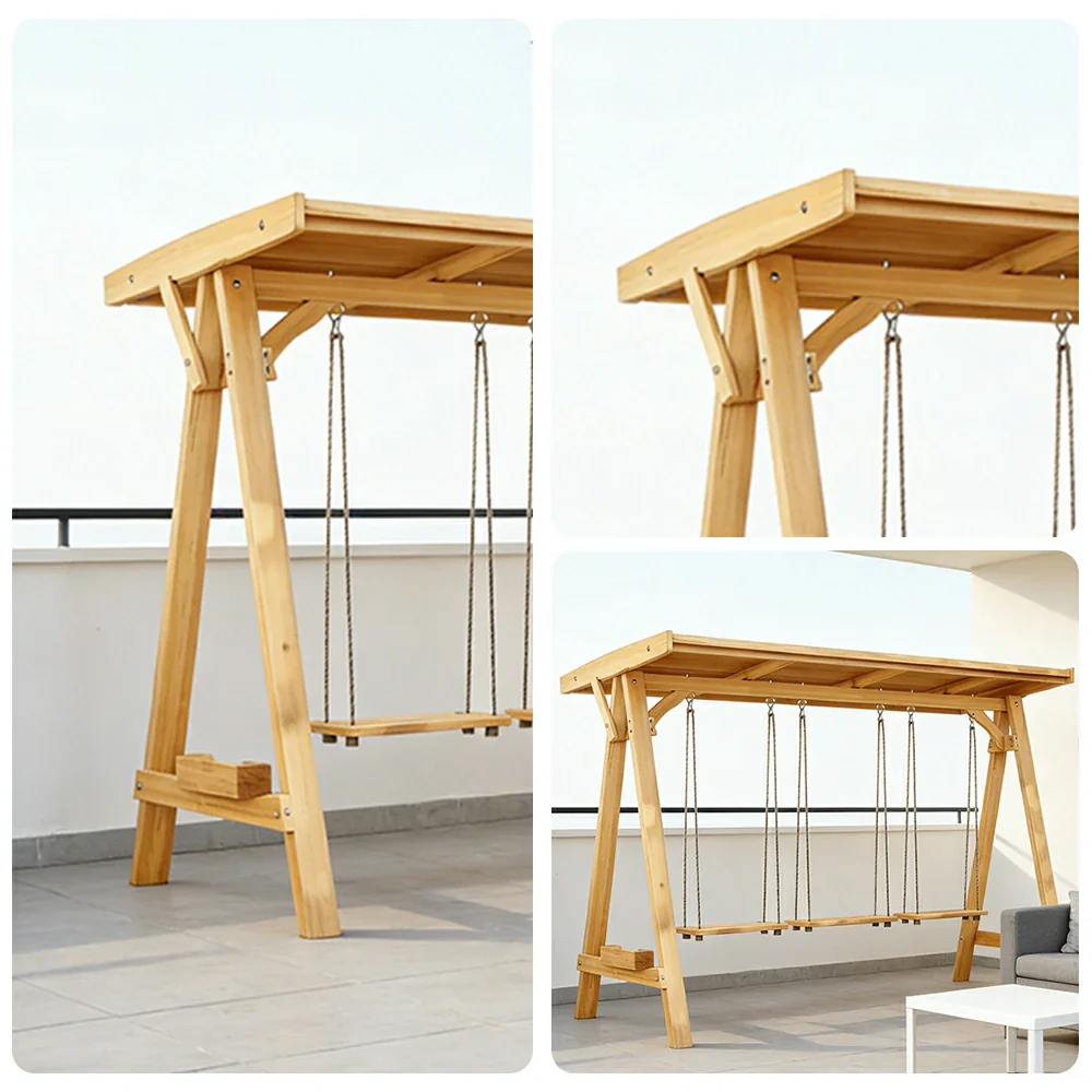 SOLARA 210/273cm Outdoor Swing Set with Canopy Triangular Frame Solid Pine Wood ACQ Treated Heavy-Duty Rope - Yellow - Image 8