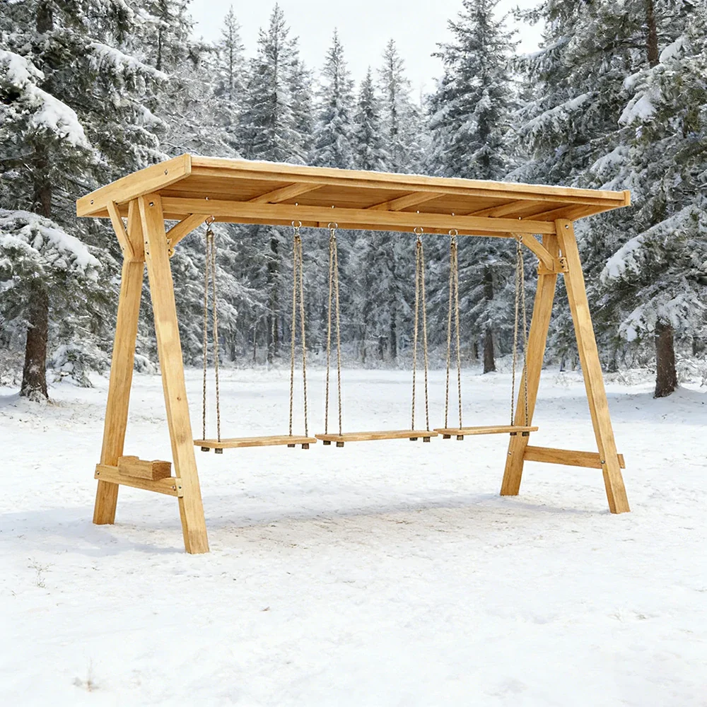 SOLARA 210/273cm Outdoor Swing Set with Canopy Triangular Frame Solid Pine Wood ACQ Treated Heavy-Duty Rope - Yellow - Image 9